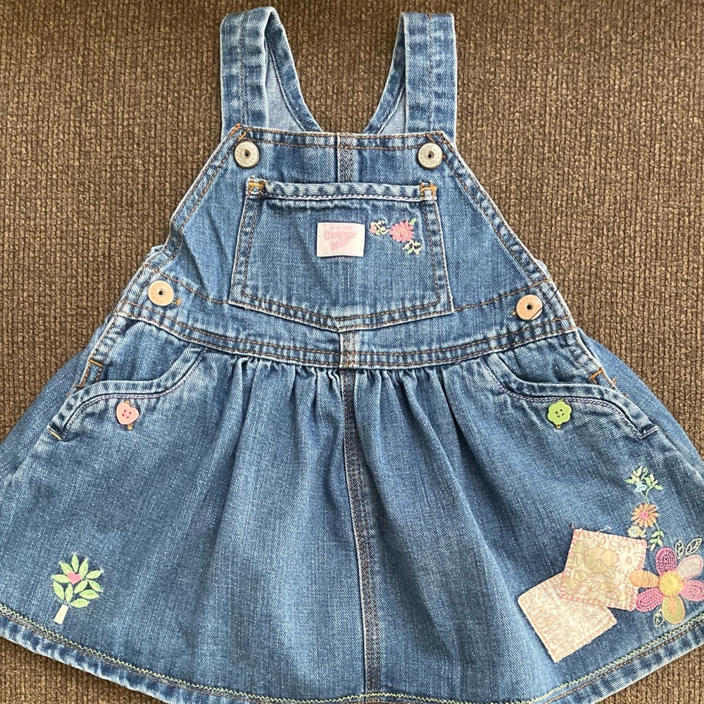 Girls Oshkosh B’gosh Vestbak Vintage Denim Embroidered Overall Dress Sz 12M